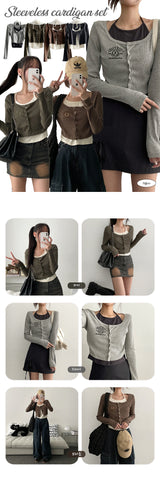 Tins Embroidered Layered Sleeveless Cardigan Set