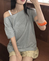 テルマシルバースタッドルーズフィットオフショルダー半袖Tシャツ