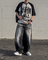 Sand Washing Wide Balloon Denim Pants