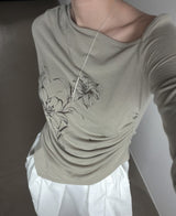 Ink Painting Flower One-Shoulder Off-Tee