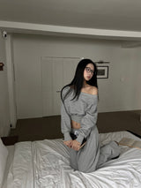Unbalanced off-shoulder side slit brushed long sleeve sweatshirt (6 colors)