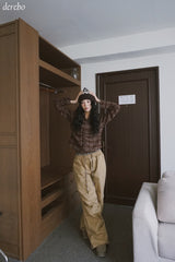 wool cotton shirring checkered long-sleeved shirt
