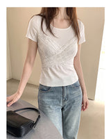 French-Inspired Lace Panel Lace-Up T-Shirt