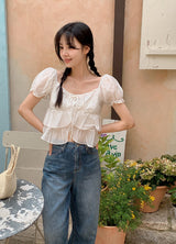 #Cancan Puff Shirring Short Sleeve Blouse (2color)