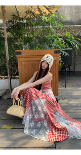 Red cherry checkered lace sleeveless long dress