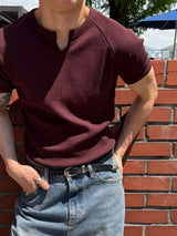 [MUSCLE FIT]ワッフルスリットスリムハーフTシャツ(5color)