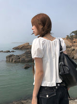 Beson Lace Button Ribbon Frill Blouse