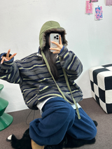 ストライプフリースワンサイドストリングアノラックニットスウェット 💙🩶🧡3COLOR