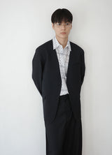 pinstripe collarless blazer