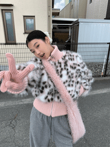ピンクレオパードハイネックジップアップジャンパー