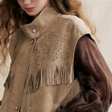 Camel Western Fringe Laser-Punched Suede Crop Vest