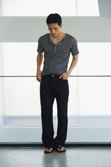 Sheer stripe ribbed henley half sleeve(Black)