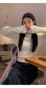 lace ribbed white turtleneck long-sleeved knitwear