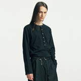 below button-down henry neck long sleeve black