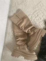 Dion Suede Buckle Long Boots (beige)