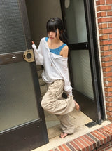 Dre Stripe Summer Button Off-Shoulder Long Sleeve Tee