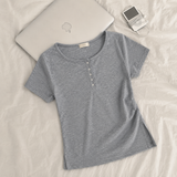 Slim Fit 🤍 Henry Neck Waist Pintuck Slit Spandex Short-Sleeved T-Shirt (4 colors)