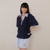 Navy Half Open Collar Tee