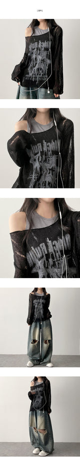 Roven ダメージシースルーメッシュニットロングスリーブTシャツ