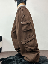 FLEECE/STRING TWO CARGO RIVET WIDE BALLOON LONG PANTS💚🤎🖤🩶4COLOR