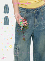 BETWEENAND summer bird illustration collaboration washed denim jeans loose and slimming cropped pants