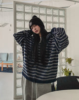 Onz Striped Mohair Knit Hood Zip-Up