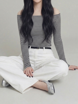 Mickey striped off-shoulder T-shirt