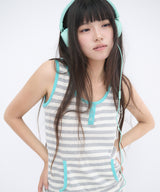 STRIPE HENLEY HOOD SLEEVELESS - GRAY