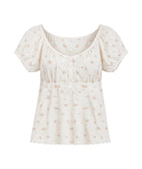Creamy Flower Puff Blouse