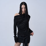 OFF SHOULDER SHIRRING CUT-OUT TOP (BLACK)