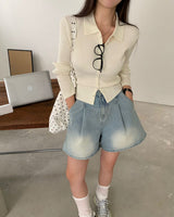 [BELLIDE MADE] Vivid, collar neck rib knit cardigan
