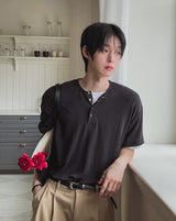 Harnel Layered Ribbed Henley Neck Short Sleeve T-shirt