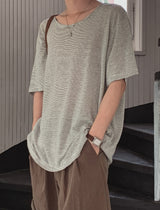 ボニーリネンストライプUネック半袖Tシャツ
