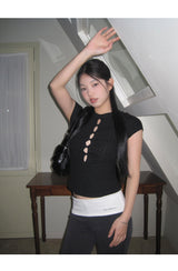 Hollow slit slim ribbed short sleeve tee