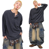 Over Waffle Henley Neck Long Sleeve Tee