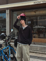 トップツートーンレイヤードヘンリーネックロングスリーブTシャツ