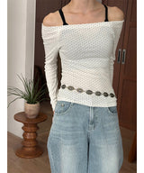 Dot off shoulder long sleeves(3color)
