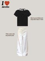 Black Layered Halterneck Strap Short Sleeve T-shirt