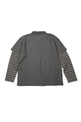 (BASE) レイヤードストライプポロ長袖Tシャツ (チャコール)