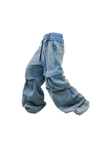 RELABEL (RE-MAKE) Double-Waist, Splashed-Ink, Washed, Distressed Ice-Blue Cargo Sweatpants