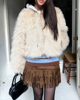 Hoa Color-block Hooded Zip-up Fur Jacket