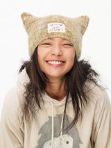 Section-dyed mohair cat ear hat with a fluffy texture