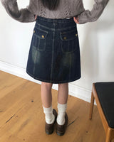 Yuan パネルウォッシュデニムミディスカート