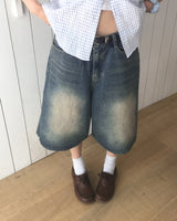 Taut Washed Wide Denim Bermuda Pants