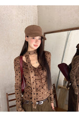 cotton wool scarf dot brown long-sleeve t-shirt