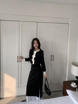 Quiet Bow Ribbon Trim Contrast Knit Long Sleeve Top