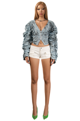 POP Big Sleeve Ruched Denim Shirt