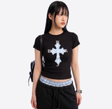 ストレッチ コットン スリム ショートスリーブ Tシャツ クロス ブラック