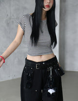 Stripe Backless Ribbon Crop Short Sleeve T-Shirt