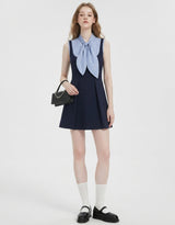 Estelle Ribbon Tie Pleats Mini Dress Sky Navy